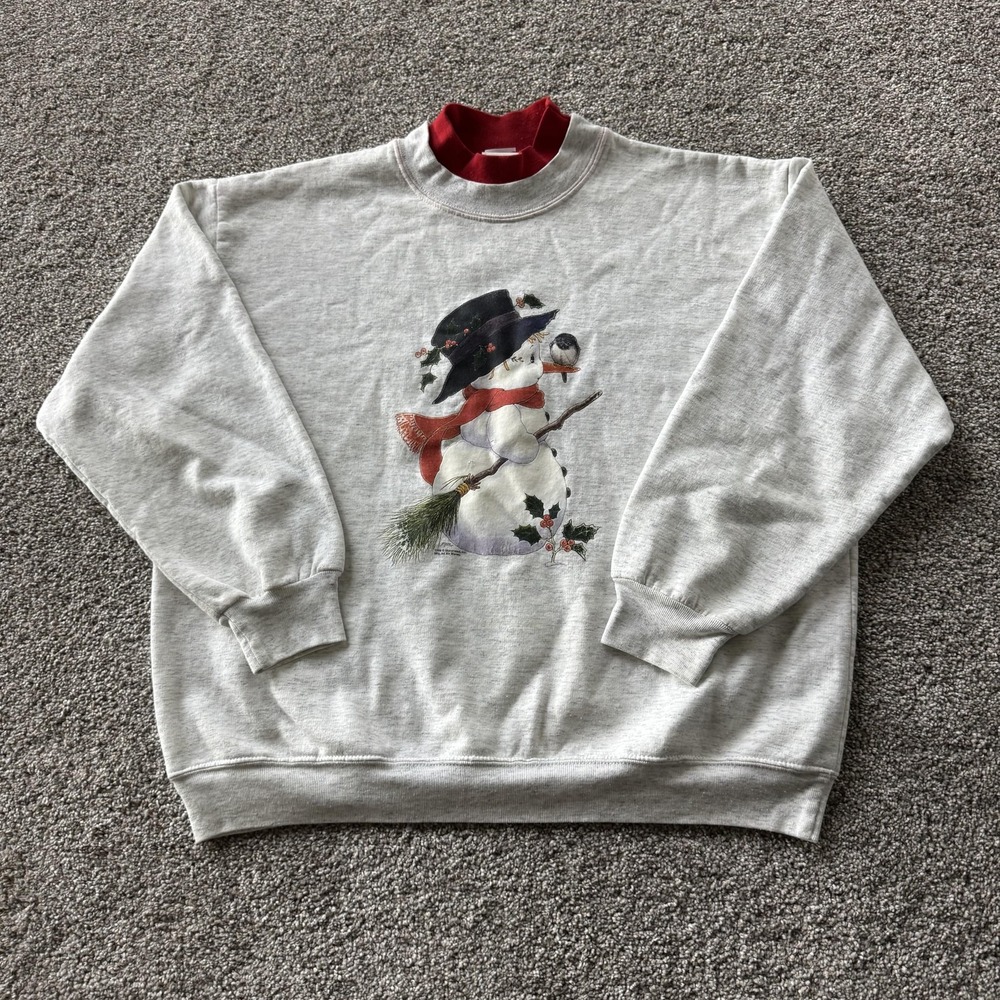 Vintage Ginnis Girl Sweatshirt Womens XL Gray Fleece Snowman Christmas Mock Neck
